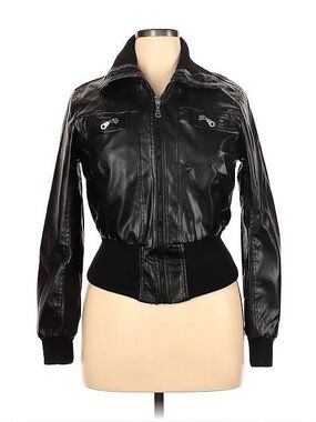 Miley Cyrus & Max Azria Black Faux Leather Bomber Jacket